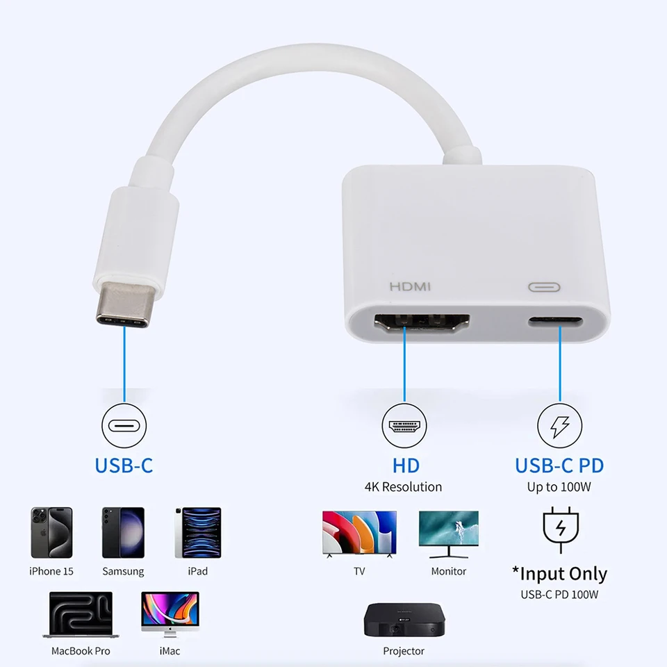 USB C až HDMI kompatibilný adaptér so 100W PD 4K Typ C až 4K HDMI kompatibilný adaptér bez ovládača pre iPhone 15 MacBook iPad