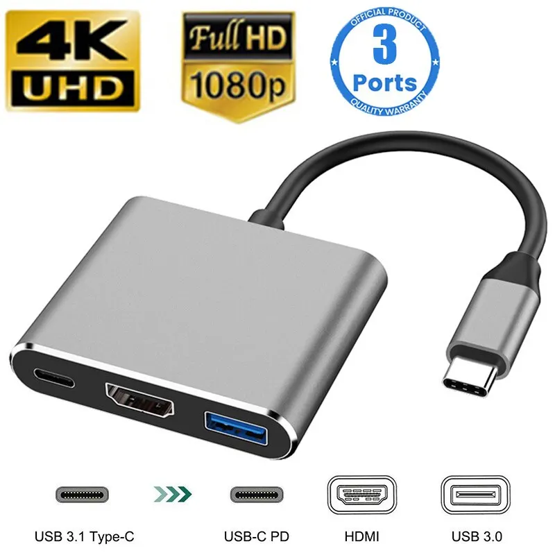 USB C Hub 3in1 Typ C 3.0 až HDMI kompatibilný Docking Station PD Rýchly nabíjanie 4K HDMI Adapter Splitter pre počítač MacBook Telefónny počítač
