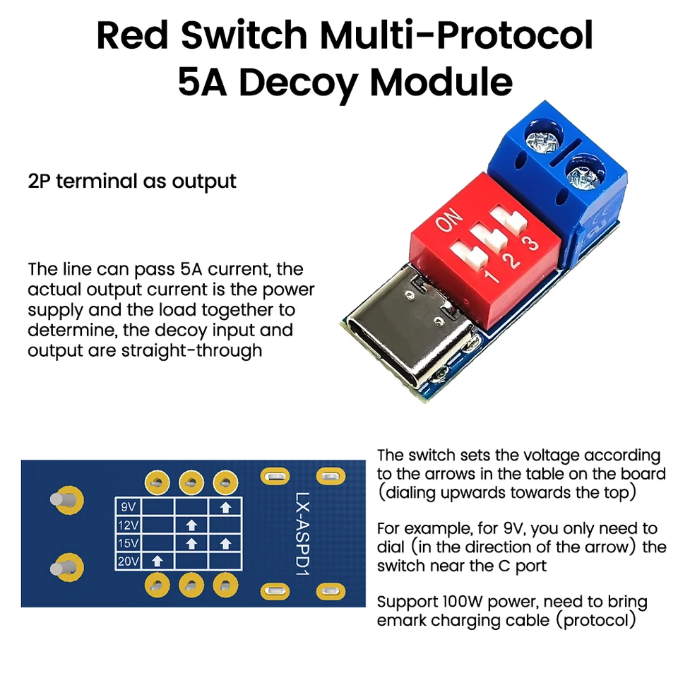 USB-C PD/QC Trigger Board Modul 5V9V12V20V Nastaviteľné napätie DIP NAPLASTNENIE Rýchly náboj USB TYP-C DODÁVAJÚCE DODÁVAJÚCE MODUL