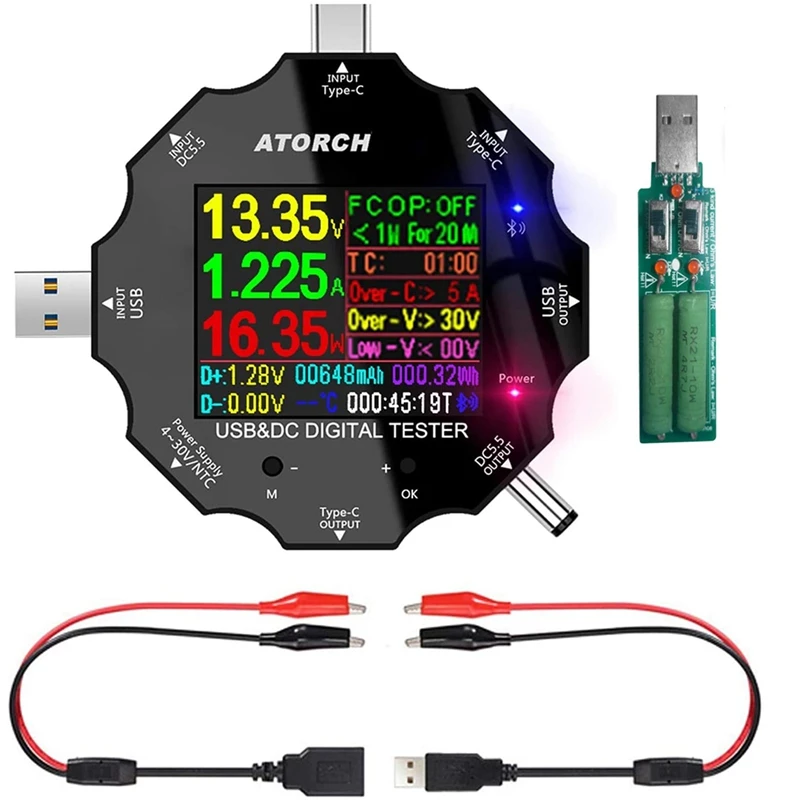 USB C Tester, 3 v 1 type C DC5.5 USB Tester Farebná obrazovka IPS digitálny multimeter, detektor kapacity, s klipovým káblom