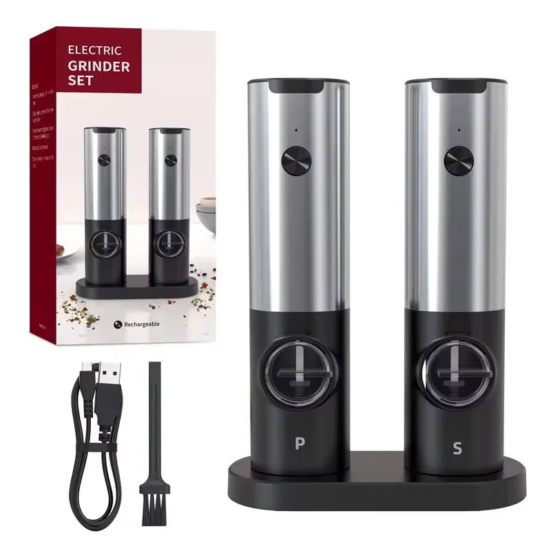 USB nabíjateľná elektrická soľná korenie s mlynčekom s nabíjaním Dock Electric Salt Pepper Groper s nastaviteľnou hrúbkou mlynčeka