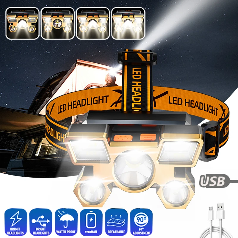 USB Nabíjateľná svetlomet na hlave s hlavou silná baterka Vstavaná batéria vonkajšie kempingy