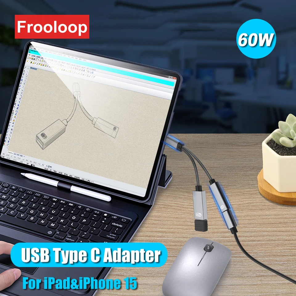 USB Typ C Adaptér pre klávesnicu iPad Bluetooth iPhone 15 OTG Converter Mac PD 60W Externá myš Samsung Tablet USB-C Connector USB-C