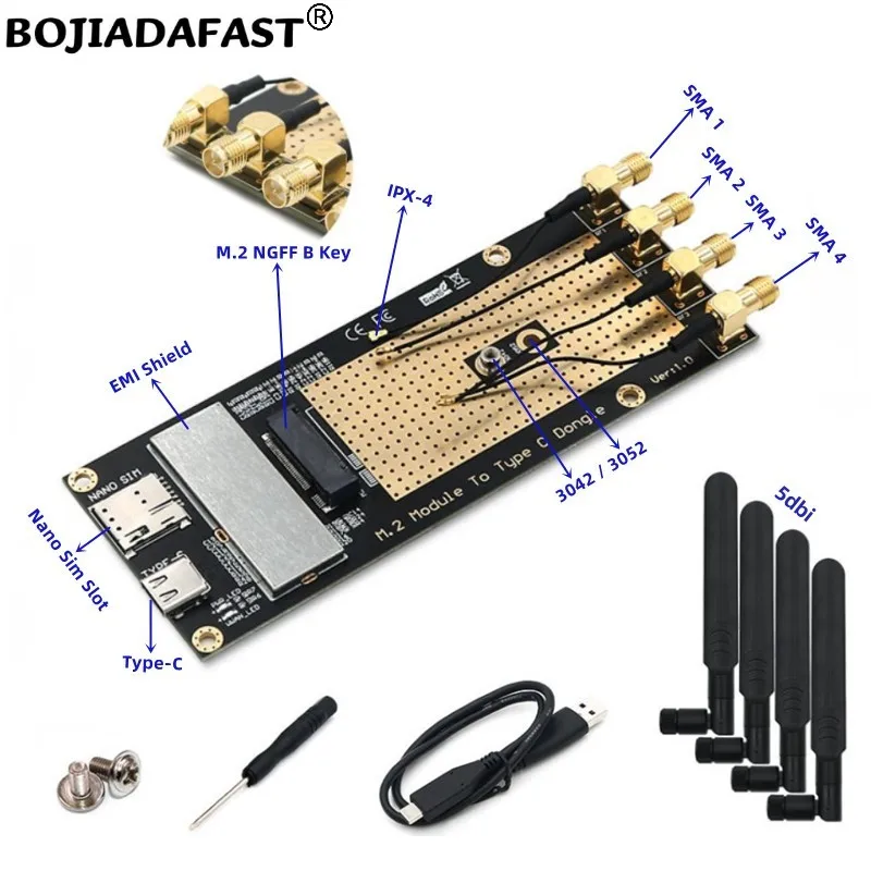 USB Type-C až NGFF M.2 B-Key Wireless Adapter 1 držiak karty Nano SIM 4 SMA antény pre 3042 3052 5G 4G LTE WWAN Modem