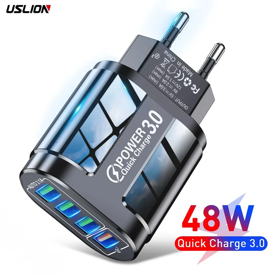 USLION 4 Ports USB nabíjačka Rýchle nabíjanie 3.0 48W Telefónny adaptér pre iPhone Xiaomi EU/KR/AU