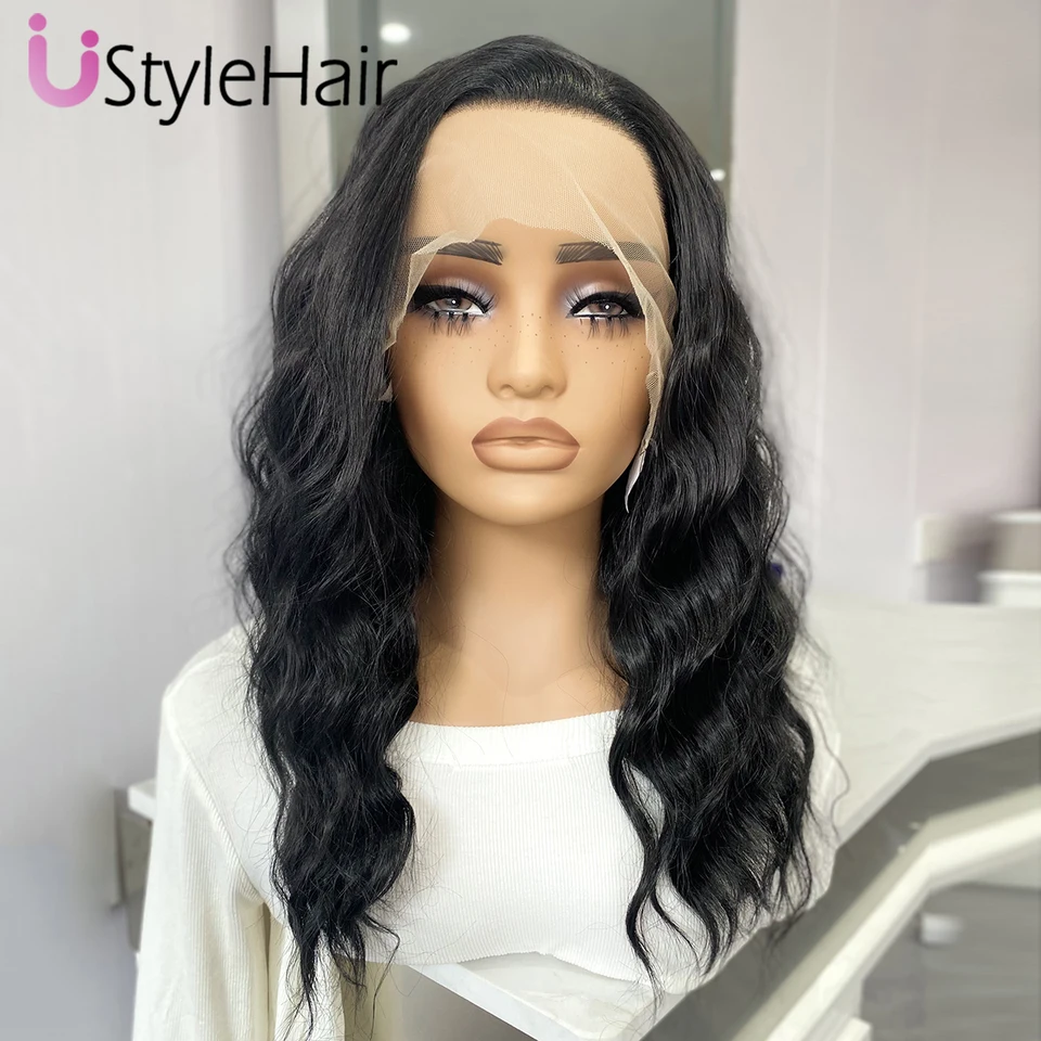 Ustylehair čierna krátke vlnové parochne Syntetická čipka predná parochňa pre ženy Prírodná vlasová línia Denne Používajte parochň