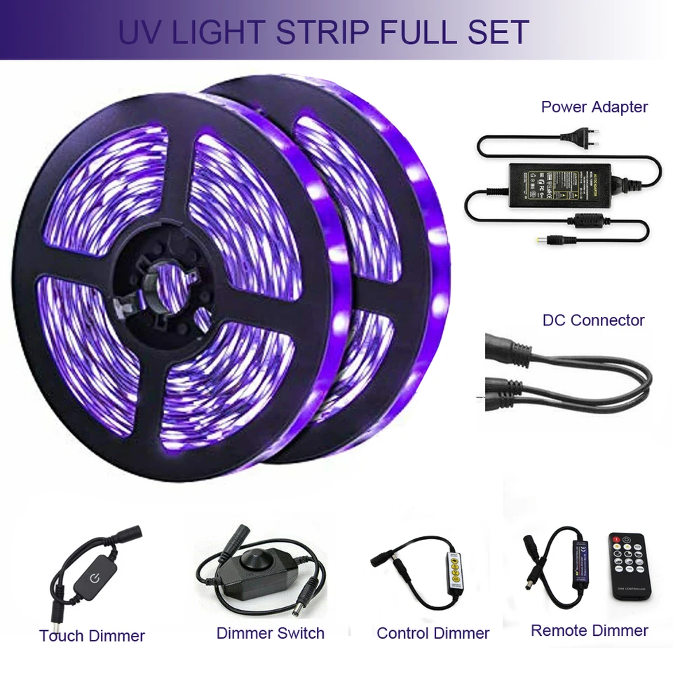 UV LED pásové svetlo 5050 SMD 60LEDS/M 395-405NM Flexibilná pásková lampa+DC konektor+dotyk/spínač/ovládací prvok/diaľkový stmievanie+napájací adaptér