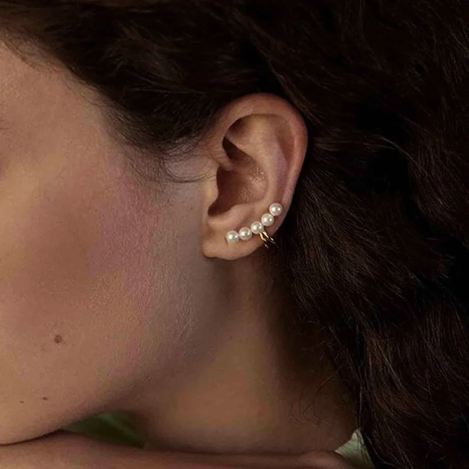 Uworld Minimálne perlové uši manžety Dainty Gold Color Ear Hoop náušnice Malé náušnice Štupky Pearl Stud Fuilrings pre ňu darček