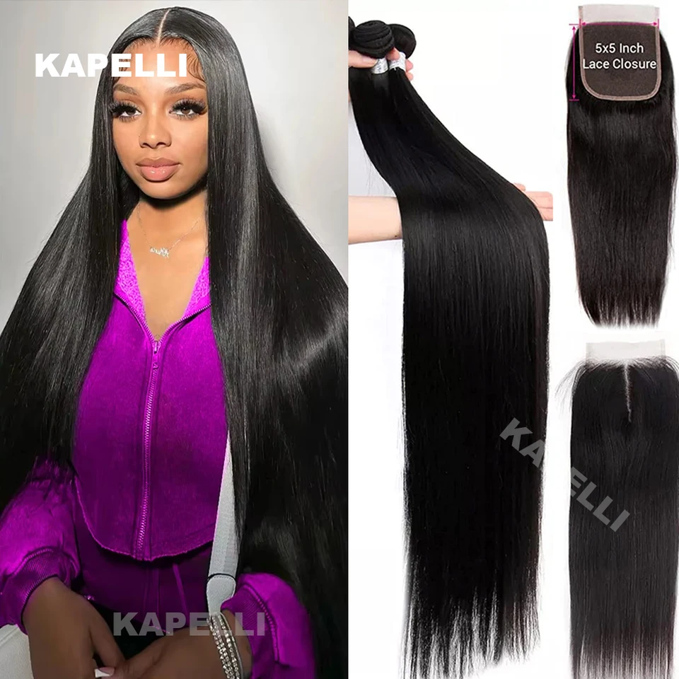 Uzatvorenie 5x5 s zväzkami ľudských vlasov zväzky s čím Lace Frontal Tissage 13x4 Priame brazílske zväzky väzby so uzáverom 4x4