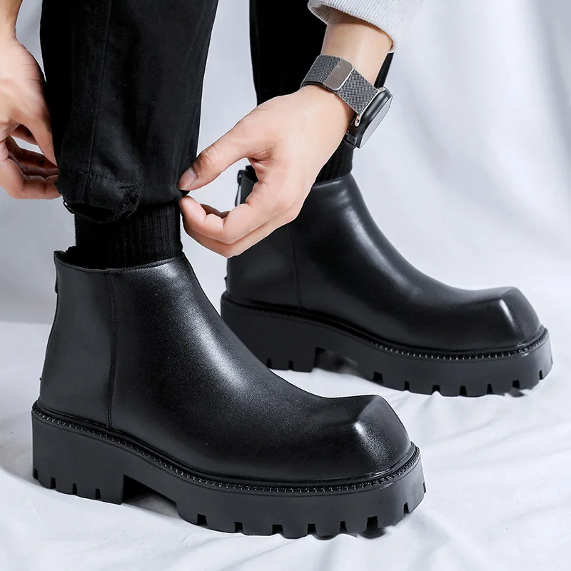 V anglickom štýle pánske módne topánky Chelsea Black Tide Platform Shoes Shoes topánky na špičke originálne kožené topánky Spring Jeseň členok členok Botas