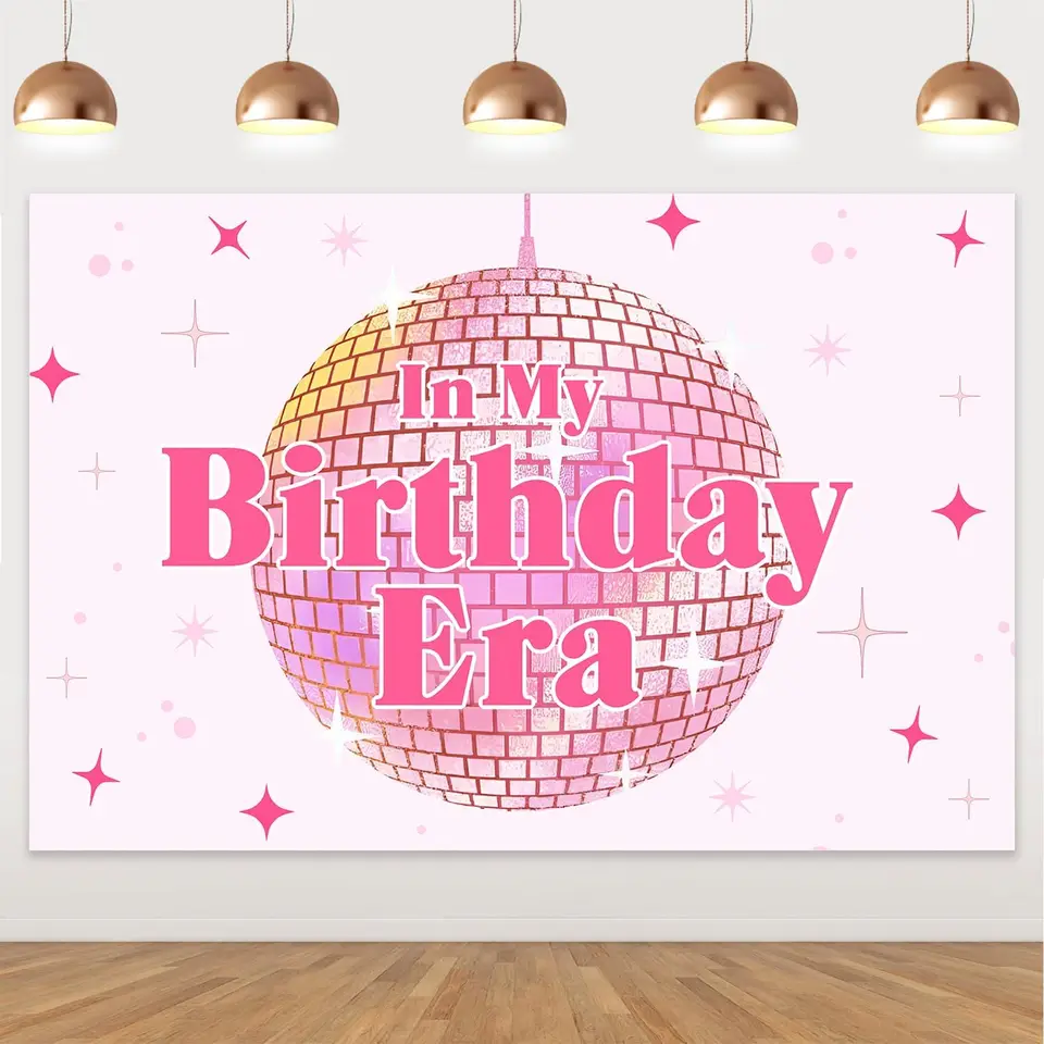 V mojej narodeninovej ére pozadie ružové narodeniny Pozadie Happy Bday Party dekorácie retro hviezdy Disco lopta narodeninové oslavy pozadie