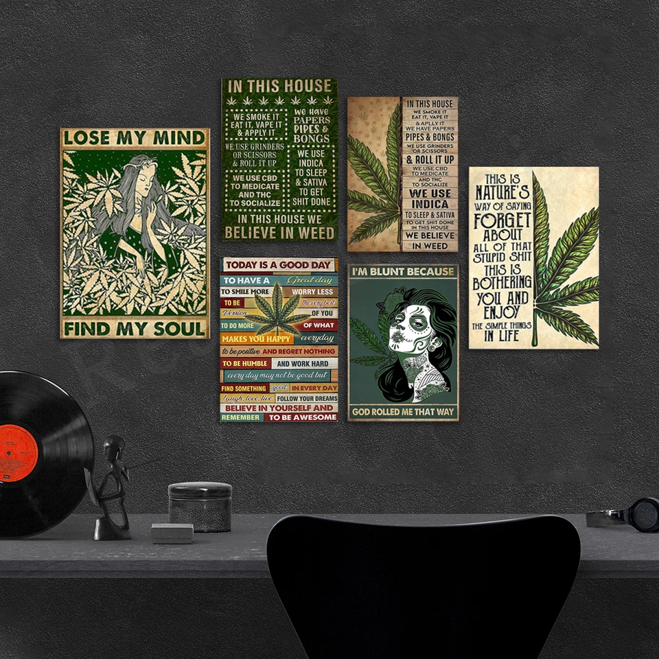 V tomto dome fajčíme, že to zjesť a aplikovať ho vintage plagát, Love Weed Art Pothead Home Decor, Stoner Art