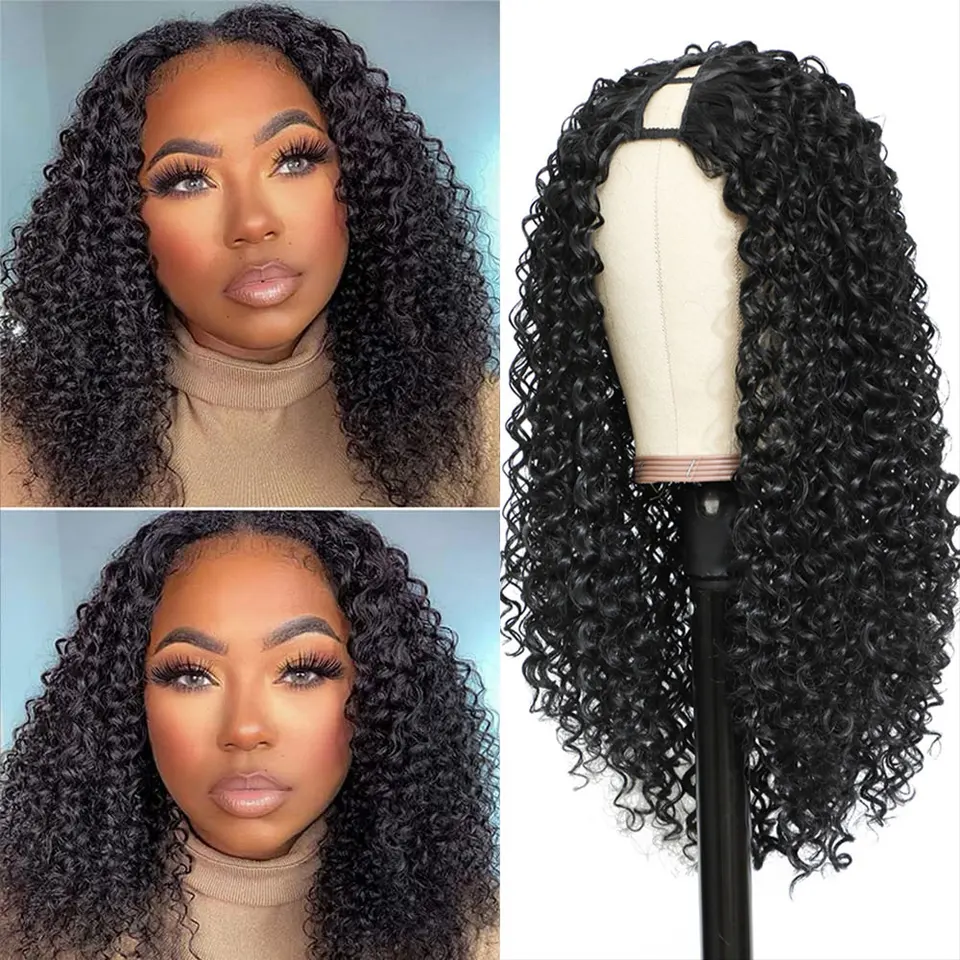 V Časť Kinky kučeravé syntetické vlasové parochne Dlhé čierne kučeravé afro parochne pre čierne ženy hlbokú vlnu Voda Wave Plno