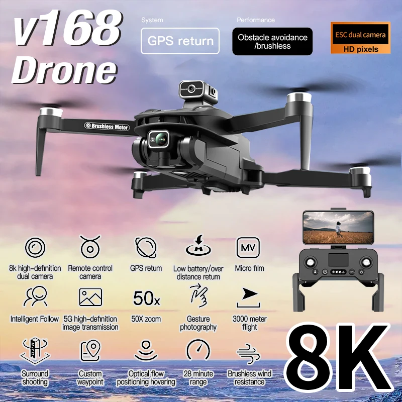 V168 DRONE 4K 5G WIFI FPV s profesionálnym 8K GPS HD HD širokouhlým uhlom prekážkam bez brutiny Kvadrotorový optický tok RC