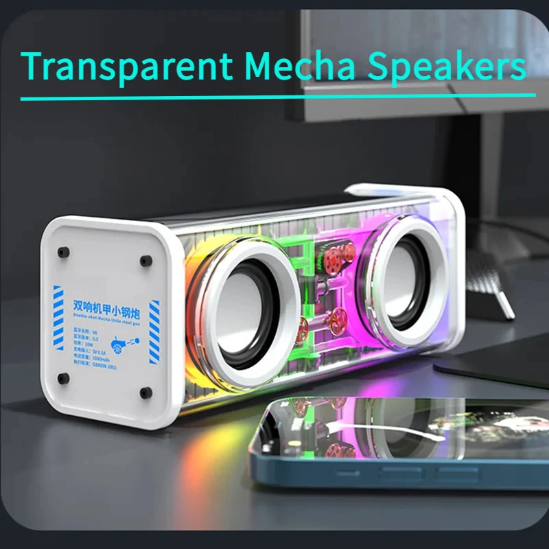 V8 Transparentné reproduktory Mecha Bluetooth 5.0 Wireless Double Bass Membrána subwoofer hudba Tws RGB Light Mini Party Loudspeaker