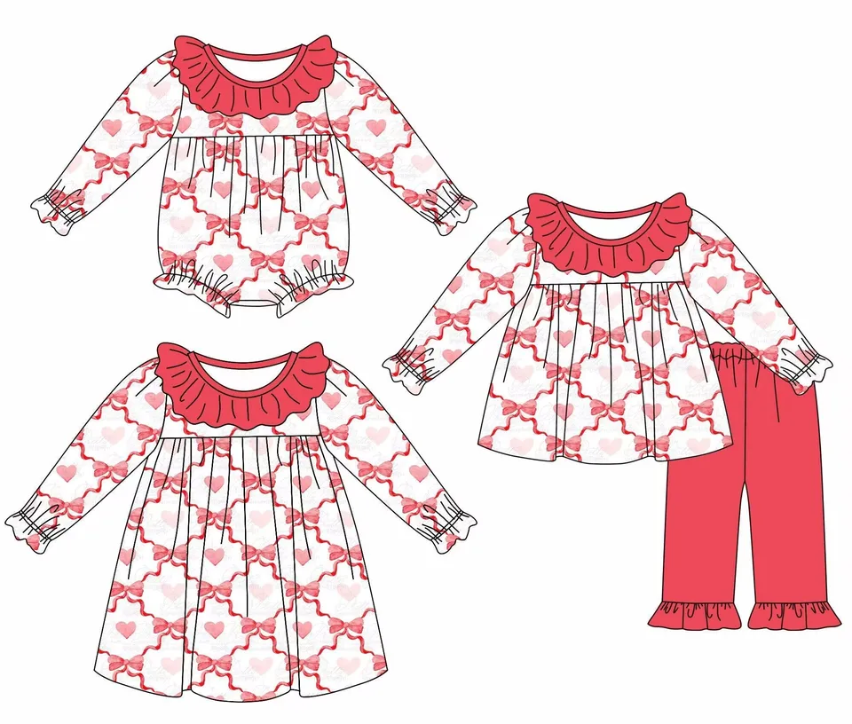 Valentín Boutique Clothing Baby 3-dielna ružový s dlhým rukávom Láska Tlač nového mliečneho hodvábneho oblečenia Veľkoobchod
