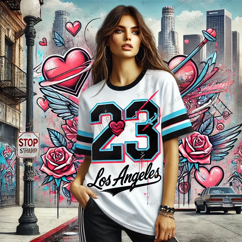 Valentín Los Angeles 23 tlačených tričiek pre ženy Street Graffiti Sport Sports Football Jersey Y2K Nadmerné vrcholy