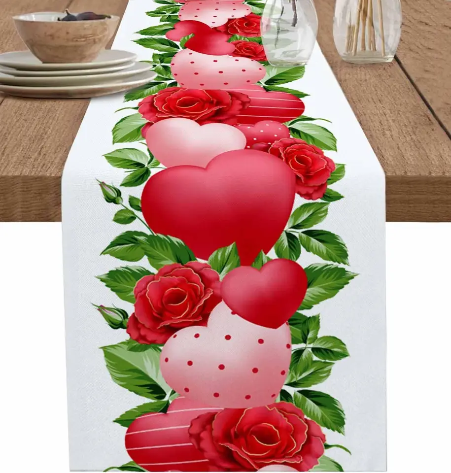 Valentín Rose Love Heart Listy Linen Table Runner Party Decor Washable Kitchen Dining Stole Runner Svadobné dekorácie
