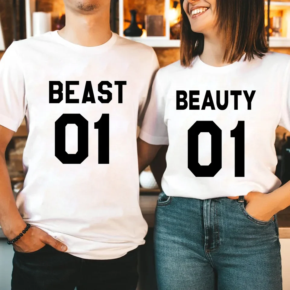 Valentína Beast Beauty 01 Letter tlače milovníci tričko pár krátky rukáv o krk uvoľnené tričko dámsky muž tričko Tops