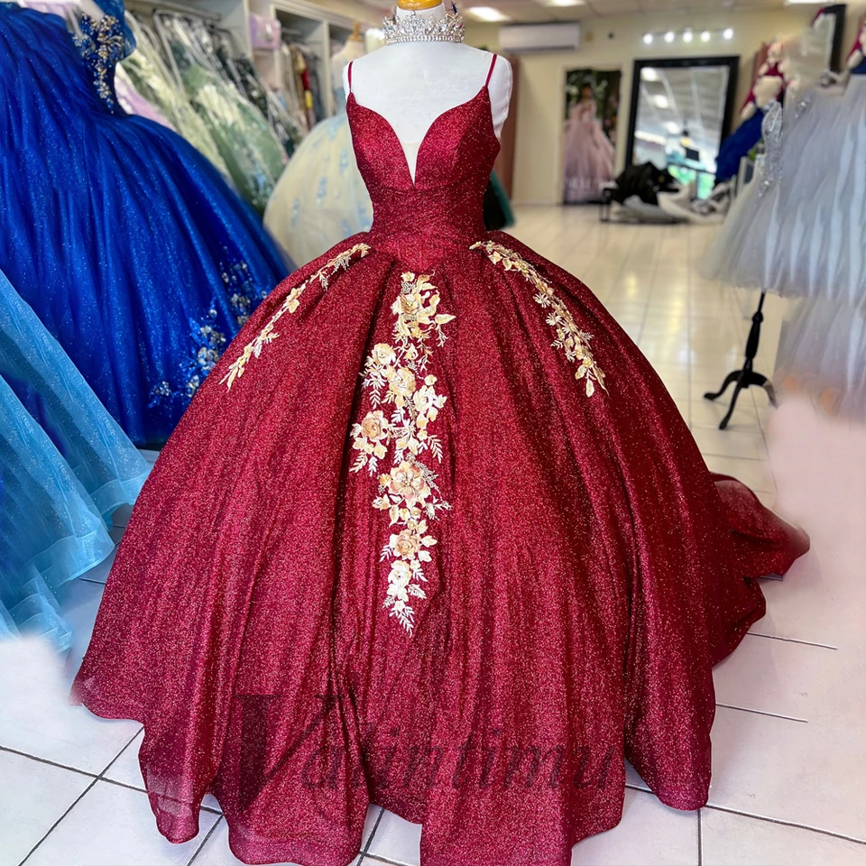 Valintimu iskrivé guľové šaty quinceanera šaty pre dievča V-krkot špaghetti popruhy korzet rúcho quinceanera rouge prispôsobené