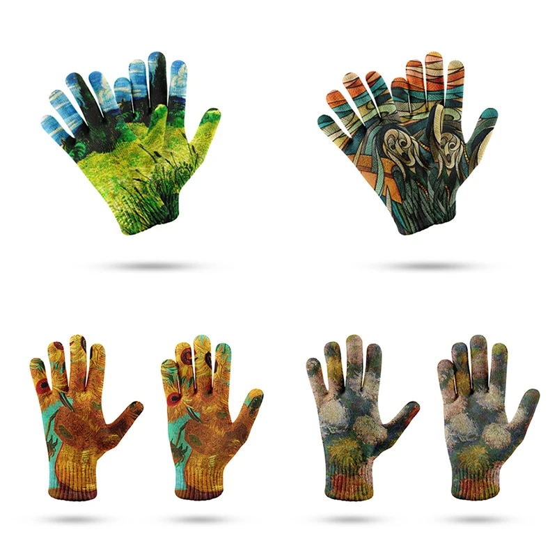 Van Gogh Full Finger pletenie Mittens Dámsky jar a jeseň 3D tlačené rukavice Men dotykové rukavice s náradím rukavíc Luvas