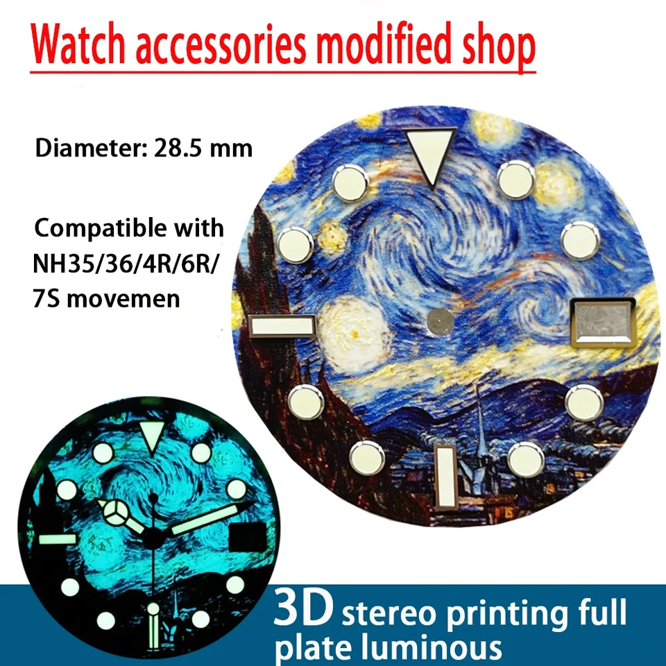 Van Gogh Oil Dial Super Luminous Modified Diving Watch Dial Fits NH35 MOHE 28,5MM3D TLAČ