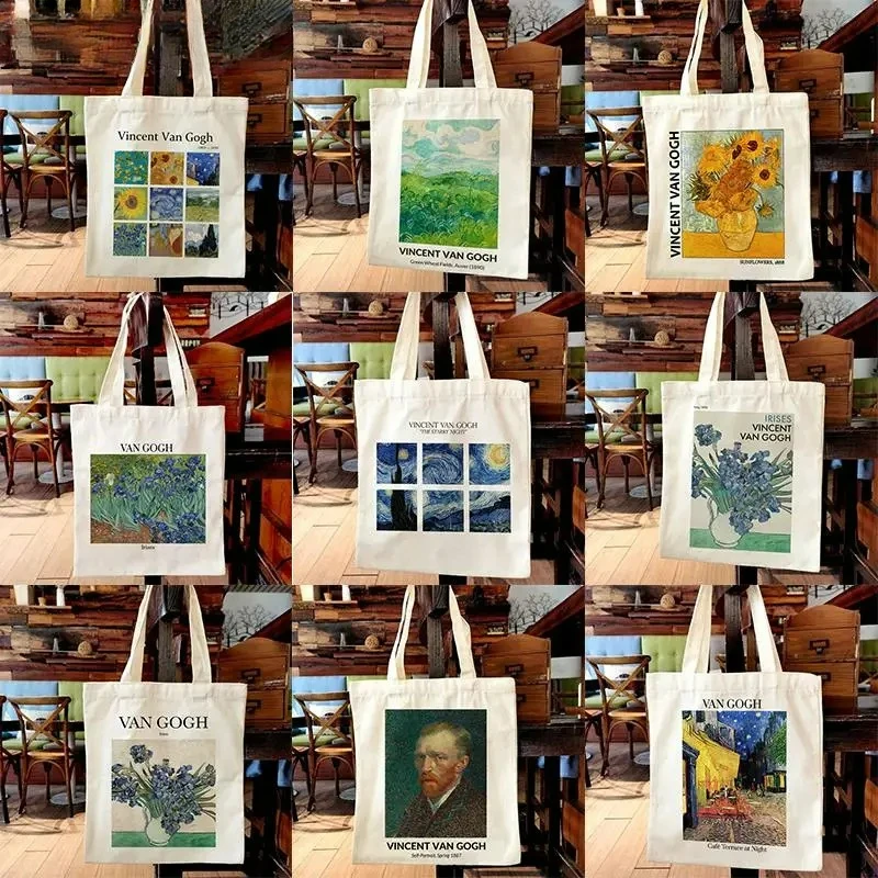 Van Gogh Oil Painting Canvas Tote Bag Prenosné dámske vrecká na ramene Veľká kapacita nákupná taška módna dievčenská kabelka opakovane použiteľná