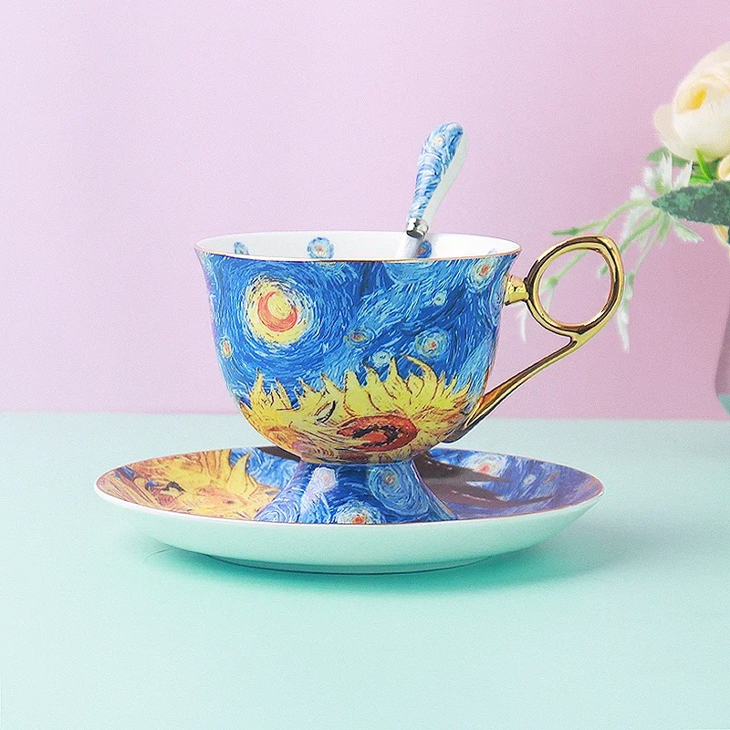 Van Gogh Pastorálny štýl Európska špičková kosť Čína kávový šálka oblek britský popoludňajší čaj Svetlo luxus vynikajúci dizajnér