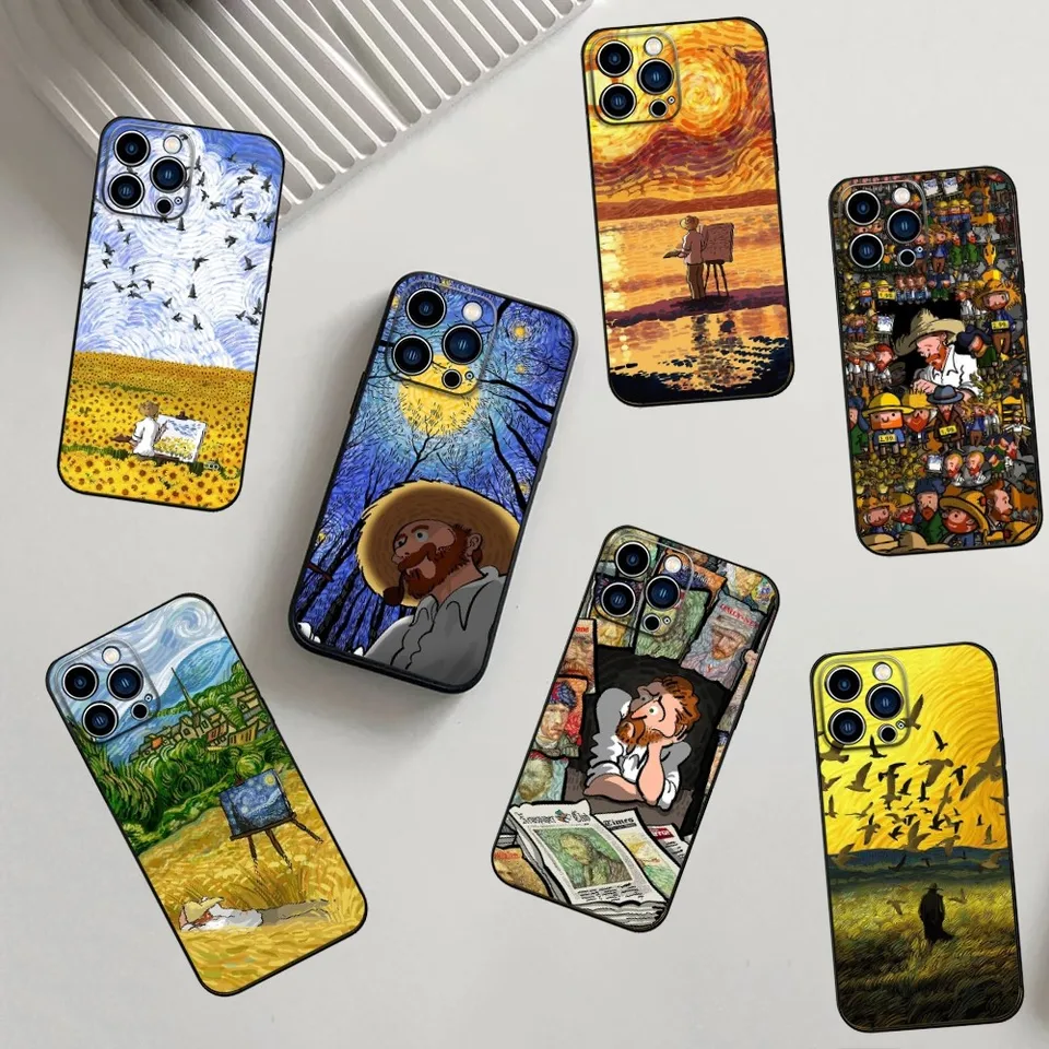 Van Gogh Starry Sunflowers Telefón pre iPhone 16,15,14,13,12,11, Pro, X, XS, Max, XR a Plus, Mini Soft Silikone Black Shock odolný voči TPU
