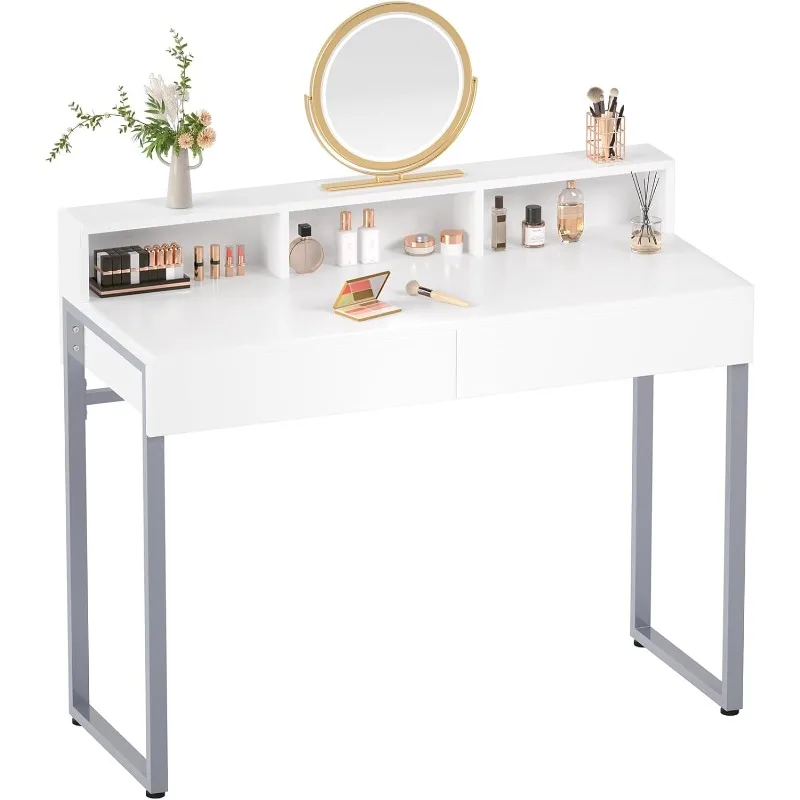 Vanity Desk s 2 zásuvkami, 40 palcový malý stôl so striebornými kovovými nohami, moderný stôl domácej kancelárie pre deti, spálňa (bez zrkadla)