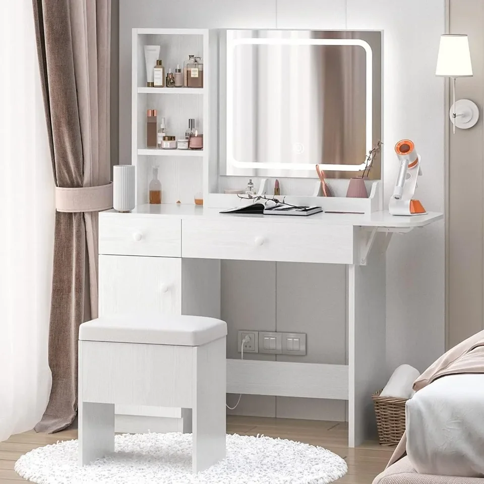 Vanity Desk s LED osvetlené zrkadlo a zásuvku na elektrickú zásuvku a skrinku, skladovacia stolička, toaletný stolík pre spálňu, biele