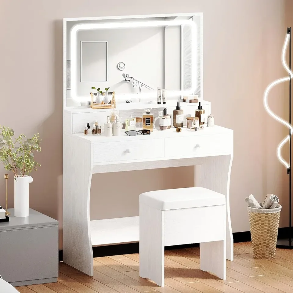 Vanity Desk s LED osvetleným zrkadlom a zásuvkou energie, stola make -upu so 4 zásuvkami, úložná lavica, pre spálne biele