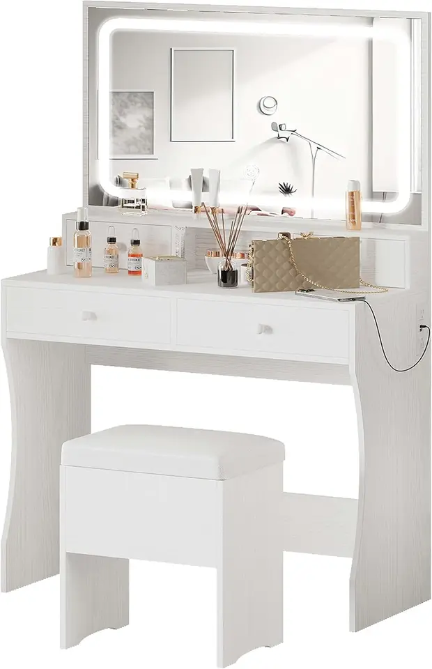 Vanity Desk s LED osvetleným zrkadlom a zásuvkou energie, stola make -upu so 4 zásuvkami, úložná lavica, pre spálne biele