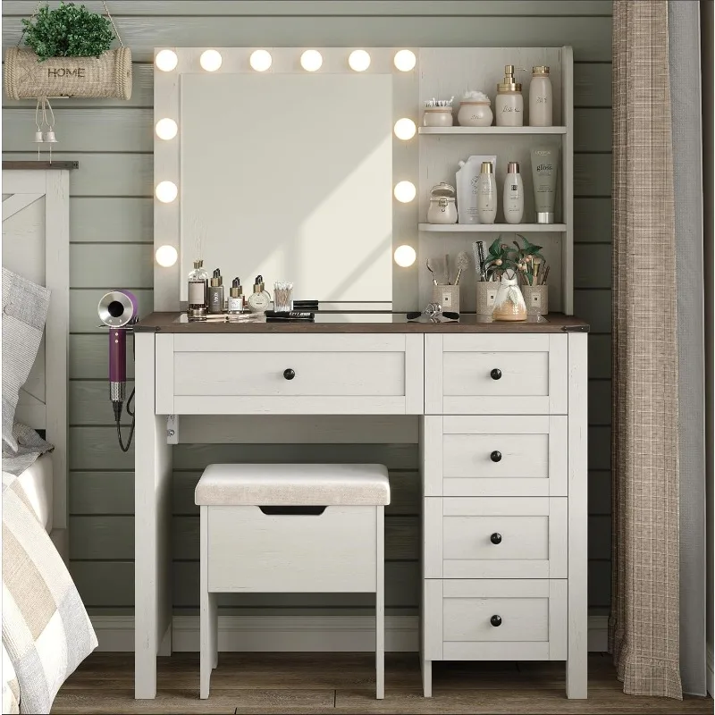 Vanity Desk Set so zrkadlom a 3 farebné nastaviteľné svetlá, starožitný biely make -up márnosť s 5 zásuvkami a 2 policiami