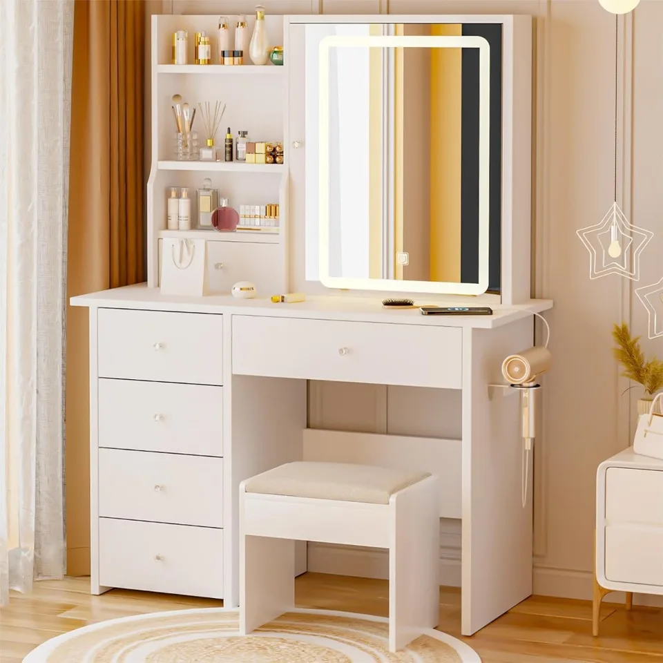 Vanity Desk so zrkadlom a svetlami a nabíjackou stanicou, Make -Up Set pre stoličku v spálni, vrátane 3 farebných režimov