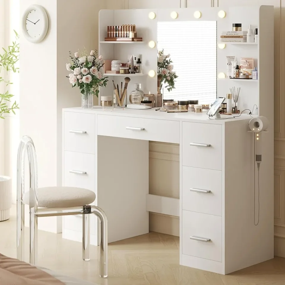 Vanity Desk so zrkadlom, zásuvkou na napájanie a 10 svetla, make -upový stôl so 7 zásuvkami, 3 farebné režimy dostupné pre spálňu, biele