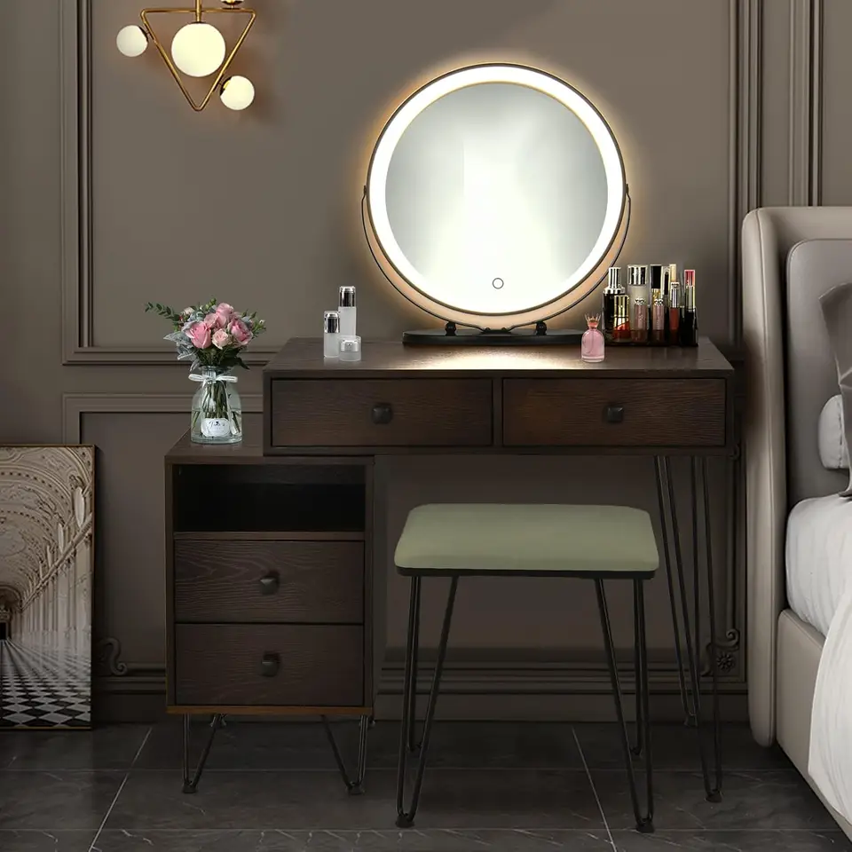 Vanity Setwooden makeupdressingtable s stoličkou alebo bezprostrednou skrinkou, veľké úložné zásuvky, spálňový stolný stôl pre dievča