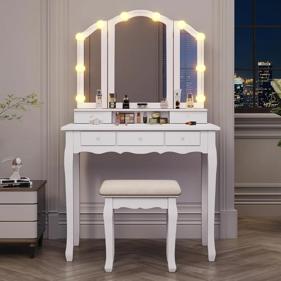 Vanity stolovú súpravu so osvetleným trojitým zrkadlom, make-up márnivosť so svetlami a 3 farebné režimy osvetlenia, márnosť so zrkadlom
