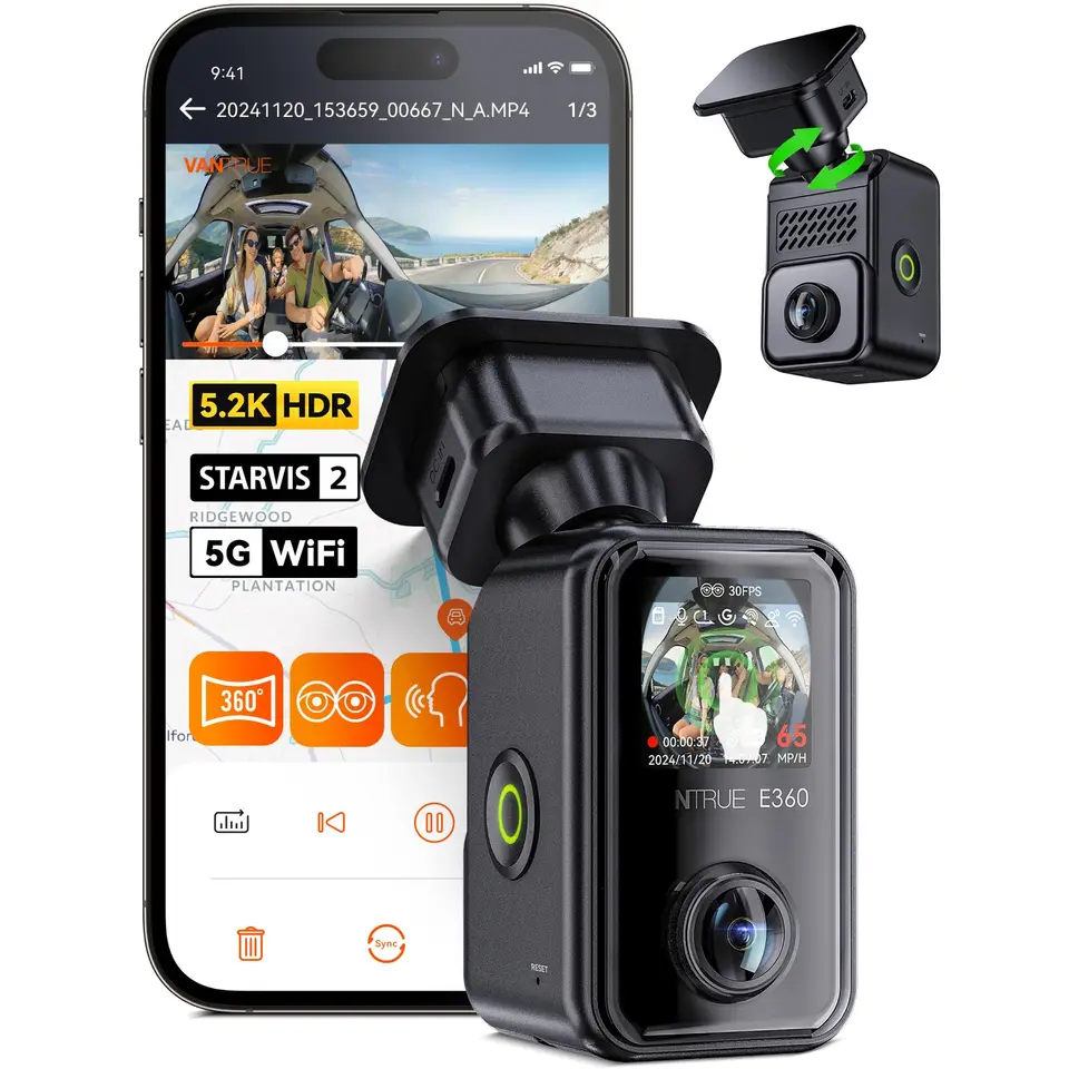 Vantrue E360 5,2K 360 ° Panoramatická palubná vačka, 5GHZ WiFi & GPS, Dual Starvis 2, HDR ， hlasové ovládanie, dotyková obrazovka