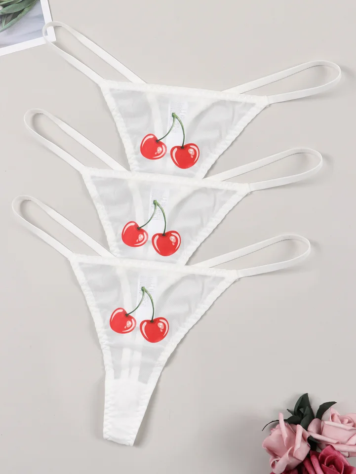 VarsBaby sieťové číre tangá 3ks priehľadné G Strings Čerešne výtlačky Transparentné sexy spodné prádlo pre ženy