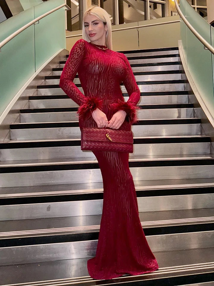VC Burgundsko backless dlhé šaty leopardový plášť O-krk Pozri cez perie zdobené elegantné celebrity klubové večierky Večerné šaty