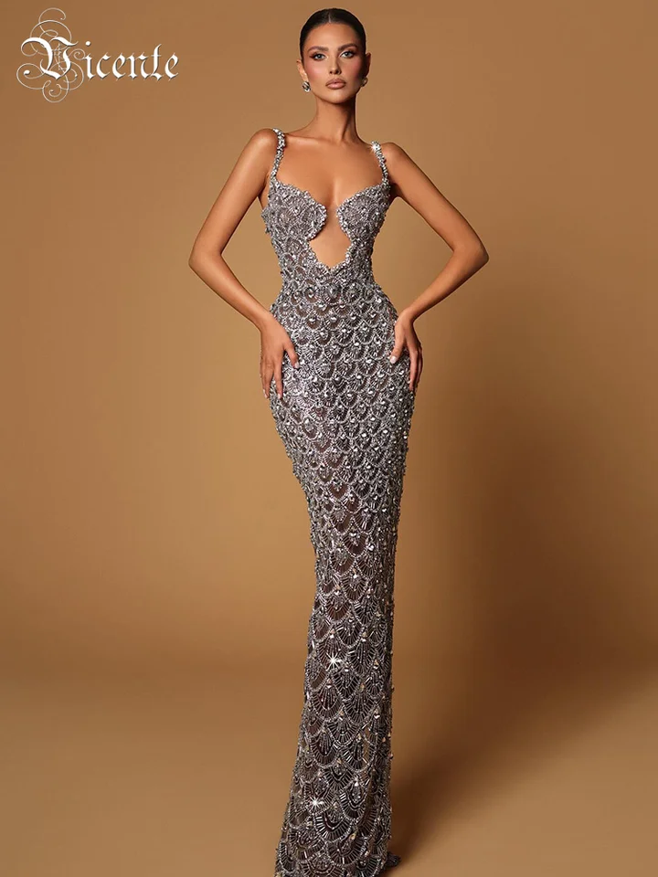 VC Sexy Deep v Plunge krk backless flitry pletelo iskrivé strieborné maxi dlhé šaty elegantné večierky večerné oblečenie Vestido