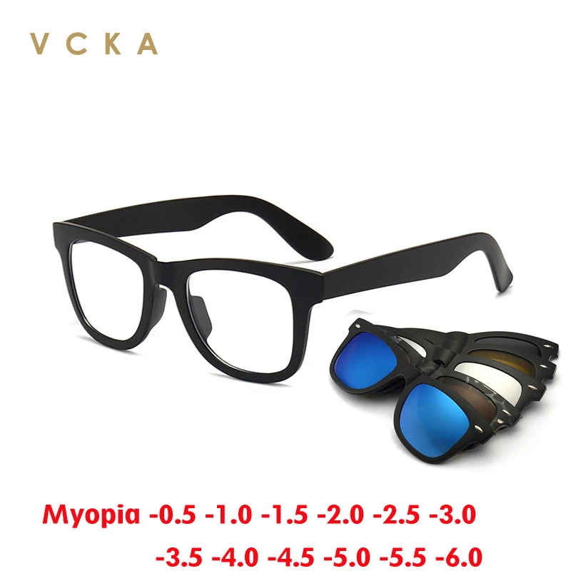 Vcka 6 in1 Men Polarizované slnečné okuliare Myopia Classic Optický magnetický klip predpis vlastné dámske okuliare Rám -0,5 ~ -10