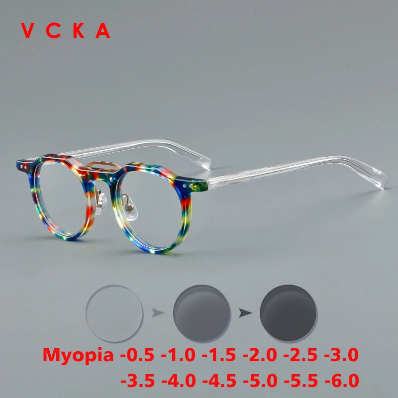 Vcka Vintage Round Round Acetát Myopia Rám sfarbenie mužov Optické okuliare na predpis Optické okuliare Vlastné okuliare -0,5to -6.0