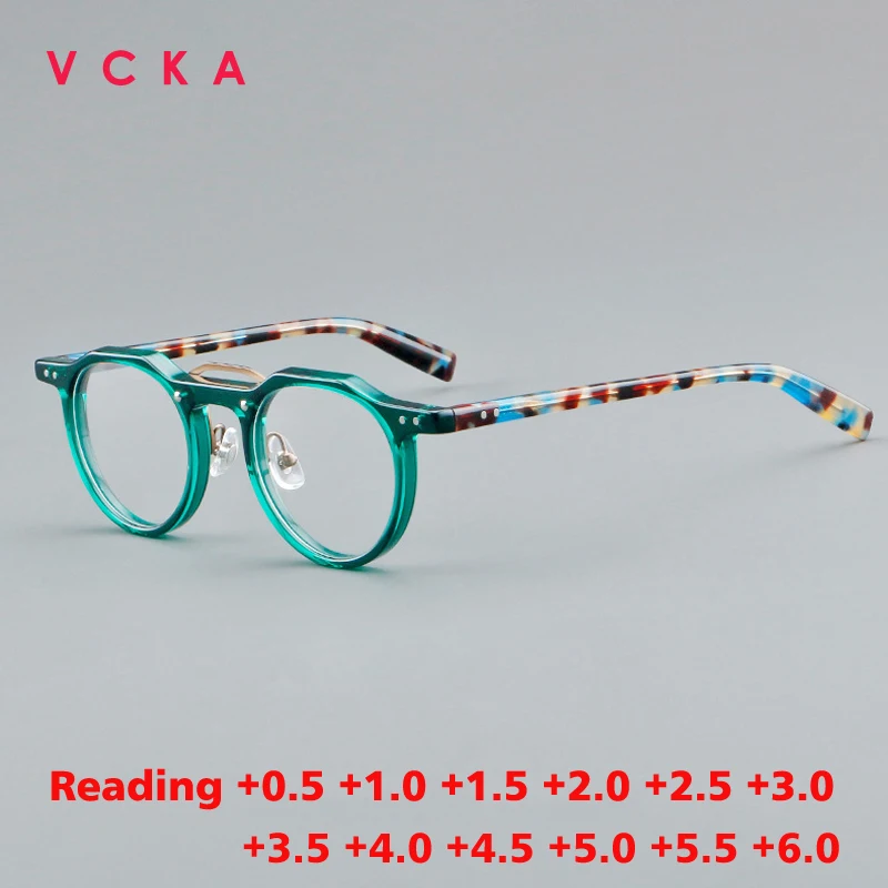 VCKA Vintage Ženy Round Acetát Čítanie okuliarov Ráme Muži Optické predpisové okuliare Luxusné vlastné okuliare +0,5 až +6.0