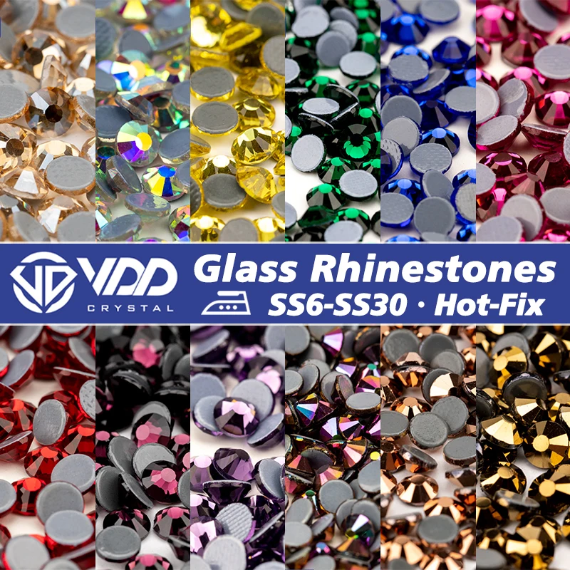 VDD HOT-FIX Multi-Color SS6-SS30 Glass Crystal Spadcových kameňov Flatback železo na kameňoch pre textilné oblečenie Dekorácie Svadobné šaty