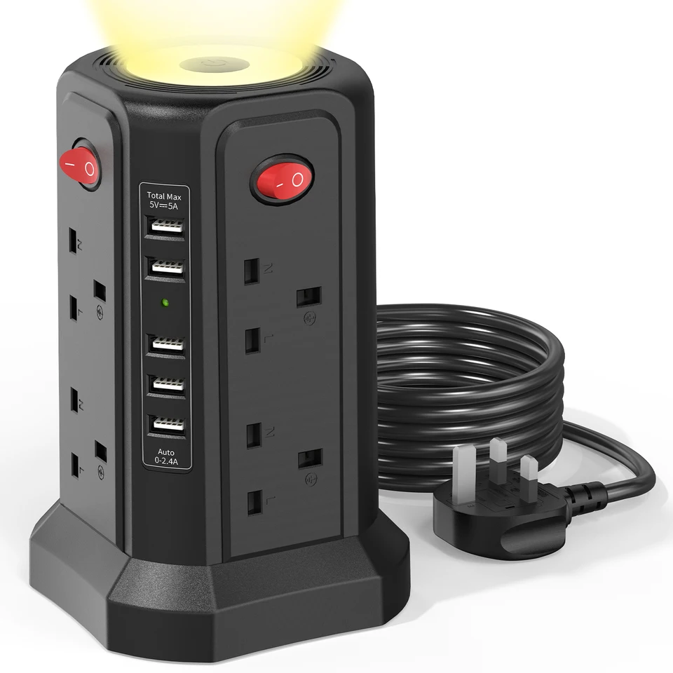 Vedenie rozširovania veže, (13a 3250 W) 5 portov USB a 8-cestná zásuvka, so 4 prepínačmi, predlžovací kábel 1,8 m, vhodné pre domov, kanceláriu