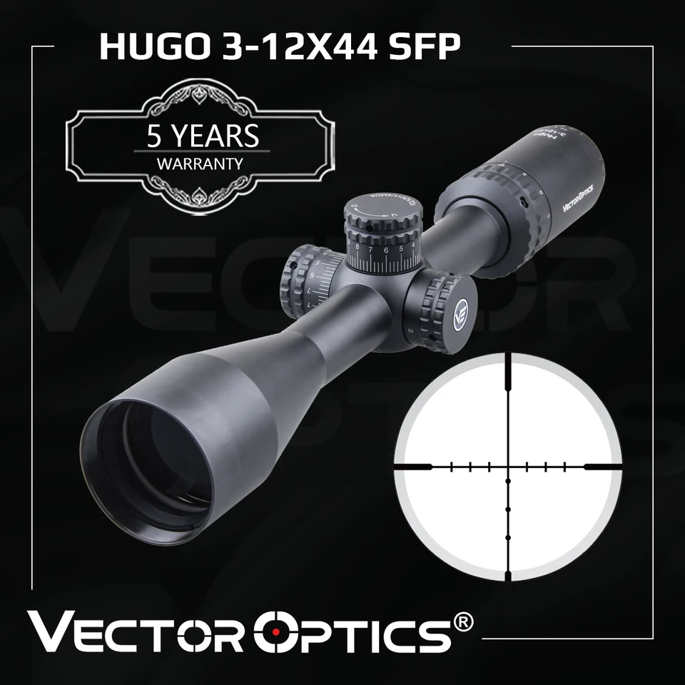Vektorová optika Hugo 3-12x44 Varmint Shooting 1 palec pušky Min 10 yds drôt BDC Ranging Ranging Reticle Turret Lock Side Focus