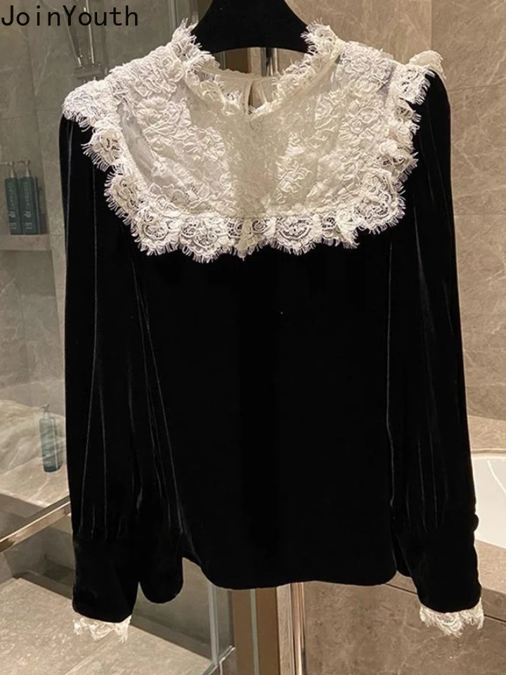 Velvet blúzky Ženy 2024 Blusas de Mujer Patchwork Lace Lace s dlhým rukávom Vintage košele módy Kórejská voľná blúzka nadmerné vrcholy