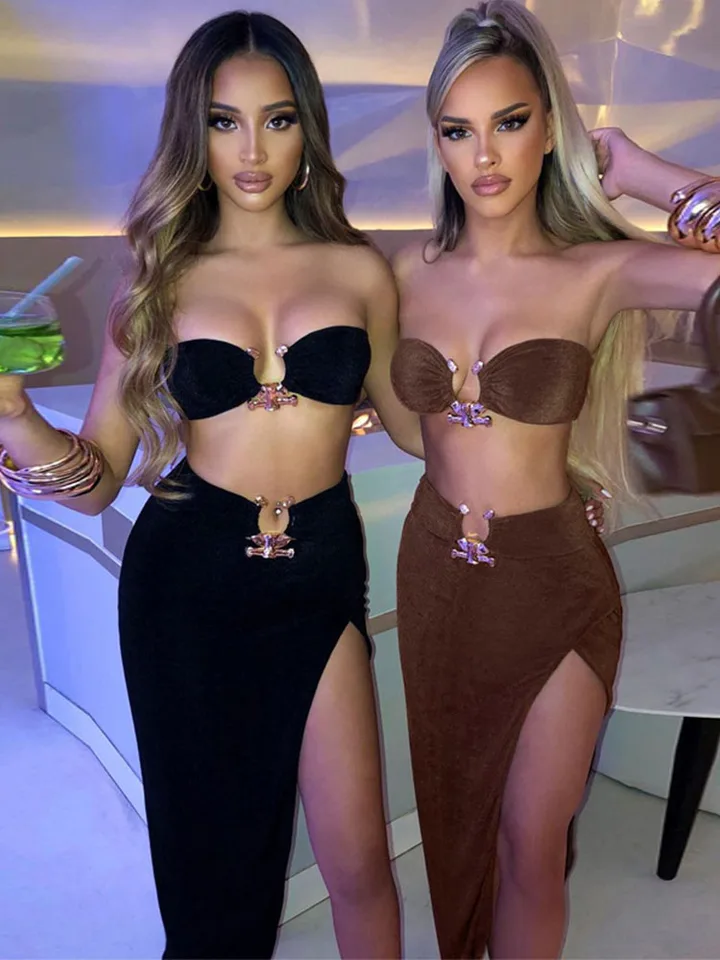 Velvet sexy remienok bez ramienok s plodinovou trubicou najvyšší pás Štrbina maxi šaty 2 PCS Suits 2024 Fall Women Fashion Streetwear Vestido